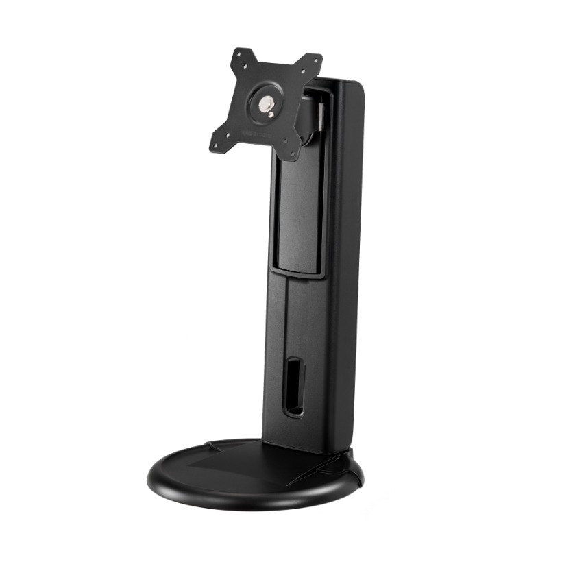 ARES-2423R is a height adjusting desk stand compatib with 75x75 / 100x100 mm VESA patterns. It can tilt -5° (down) ~ +25° (up) and screens up to 27"